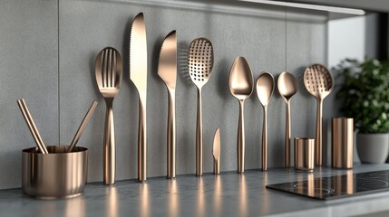 3D-rendered set of modern kitchen utensils featuring metallic textures and minimalist design. Sleek, functional cooking tools with a clean, contemporary aesthetic perfect for modern kitchens.