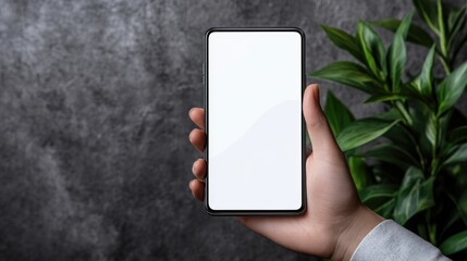 hand holding phone mockup with white screen on dark gray background with green plant