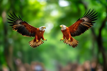 Obraz premium A dynamic photo of an eagle engaged in a territorial dispute with another bird, their wings and talons clashing mid-air