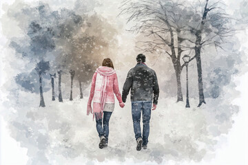 Watercolor illustration, a young couple holding hands walking through the winter