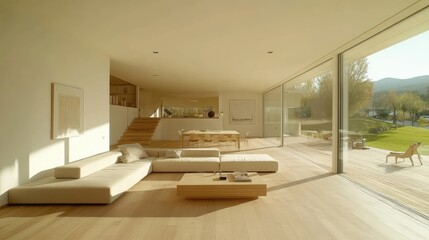 Bright Modern Living Room with Large Windows and Minimalist Design