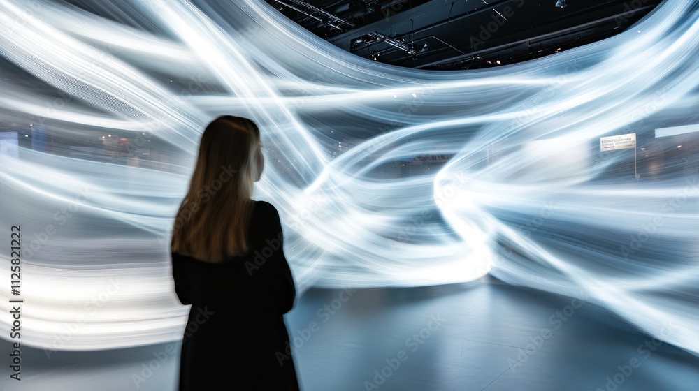 Poster light and motion interplay creating an abstract blur of an expo scene.