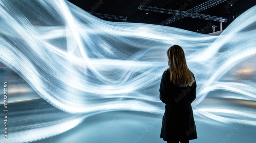 Poster light and motion interplay creating an abstract blur of an expo scene.