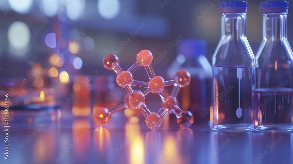 Poster molecular structure with laboratory glassware in a scientific setting