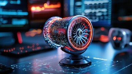 A futuristic turbine model glows with vibrant lights, set against a digital workspace filled with data displays and technology.