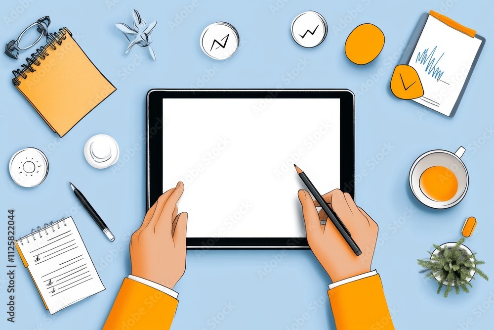 Poster a flat 2d illustration of an editor highlighting text on a tablet, with simple icons for comments an