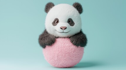 Fototapeta premium Cute Fluffy Panda Holding a Pink Ball on Soft Aqua Background