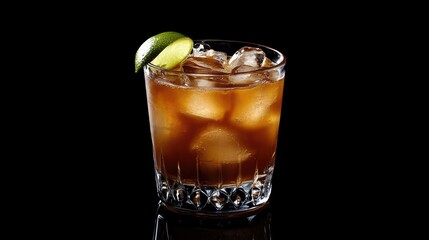 Glass of Dark Drink with Ice and Lime Slice on Black Background