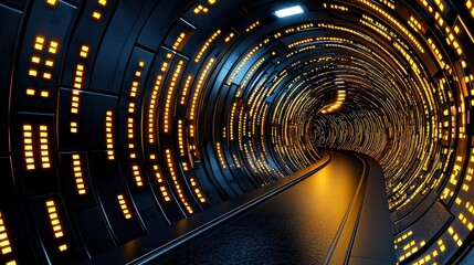 Fototapeta premium A futuristic tunnel with glowing lights creates a dynamic, immersive atmosphere, emphasizing depth and movement.