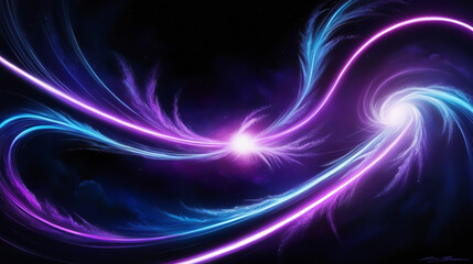 Blue and purple neon glow colors on black. Speed of light in galaxy
