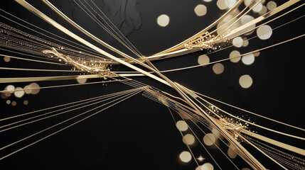 Black luxury background with golden line elements and light ray effect decoration and bokeh
