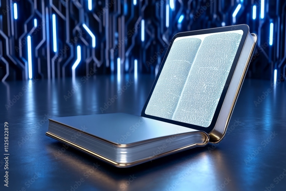 Aufkleber A futuristic depiction of an ebook reader with a holographic screen projecting interactive book pages, set against a high-tech background