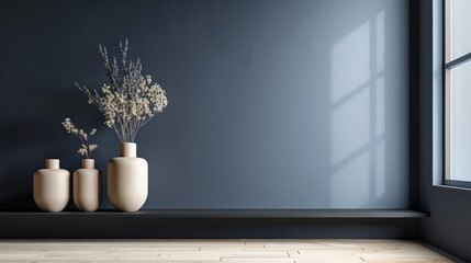 Fototapeta premium A serene space featuring a dark navy wall, light birch floors