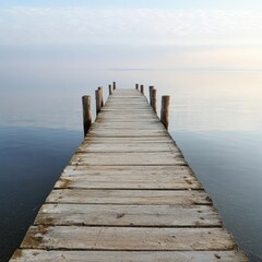 Serene Wooden Pier Extending into Calm Water Under Soft Cloudy Sky at Dawn, Perfect for Tranquil...