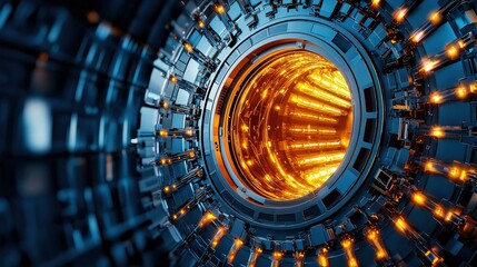 A futuristic industrial design featuring a glowing, intricate circular structure with metallic details and warm light emanating from the center.