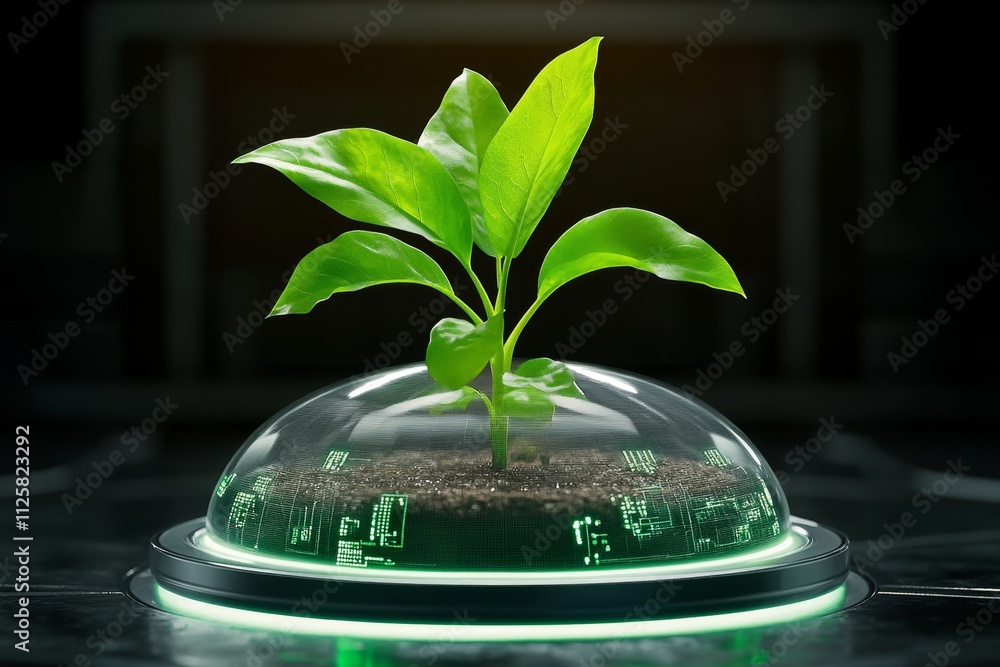 Poster a glowing futuristic dwarf plant growing in a high-tech hydroponic pod, with holographic data panels