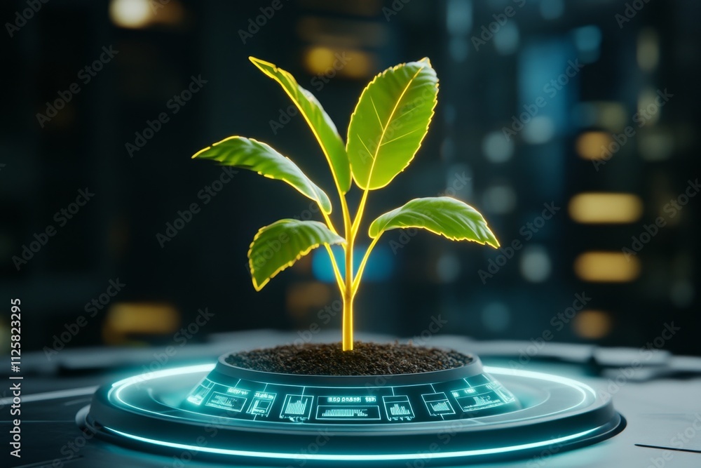 Poster a glowing futuristic dwarf plant growing in a high-tech hydroponic pod, with holographic data panels