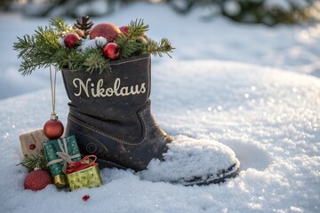 Nikolaus - Gef&uuml;llter Stiefel im Schnee