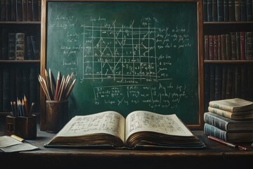 Open antique book on wooden desk with chalkboard, pencils, and bookshelves in background.