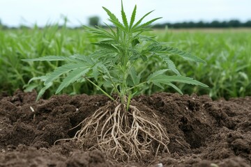 Healthy Cannabis Plant Growing in a Fertile Soil, Showcasing Its Roots Amidst Lush Green Field in a Natural Agricultural Setting