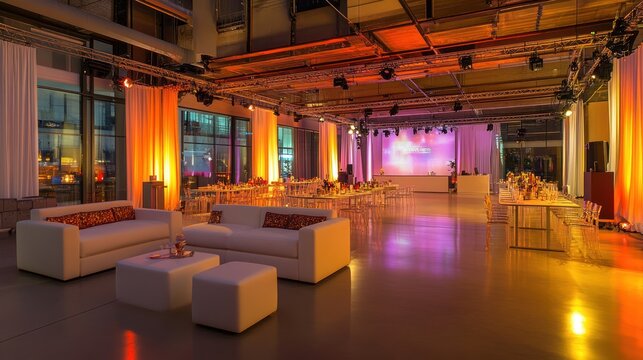 Spacious event room with a modular setup for adaptable configurations.