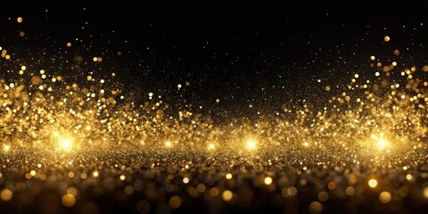 Glamorous golden particles shimmering on a sleek black background, glamour, luxury, elegant, sparkly, radiant, shiny