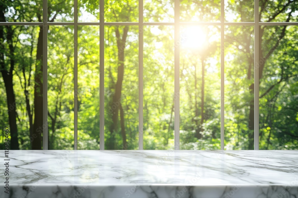 Poster marble countertop with sunlit forest view through window.