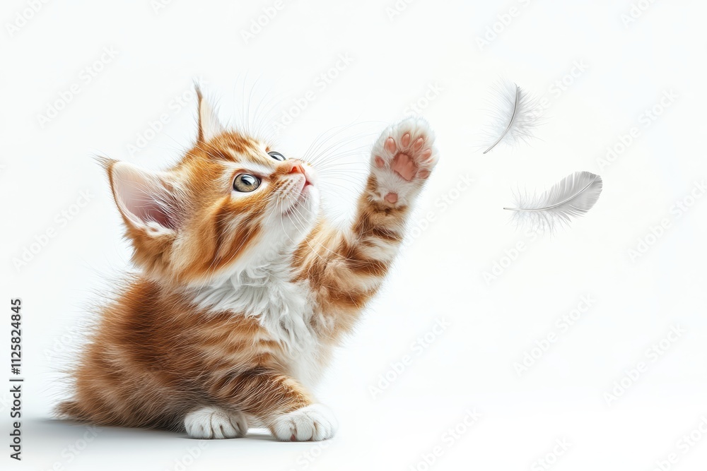 Poster a playful kitten reaching for floating feathers in a bright setting.
