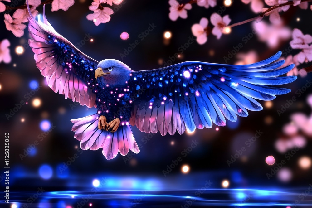 Poster a magical depiction of an eagle with glowing wings flying over an enchanted forest, surrounded by sh