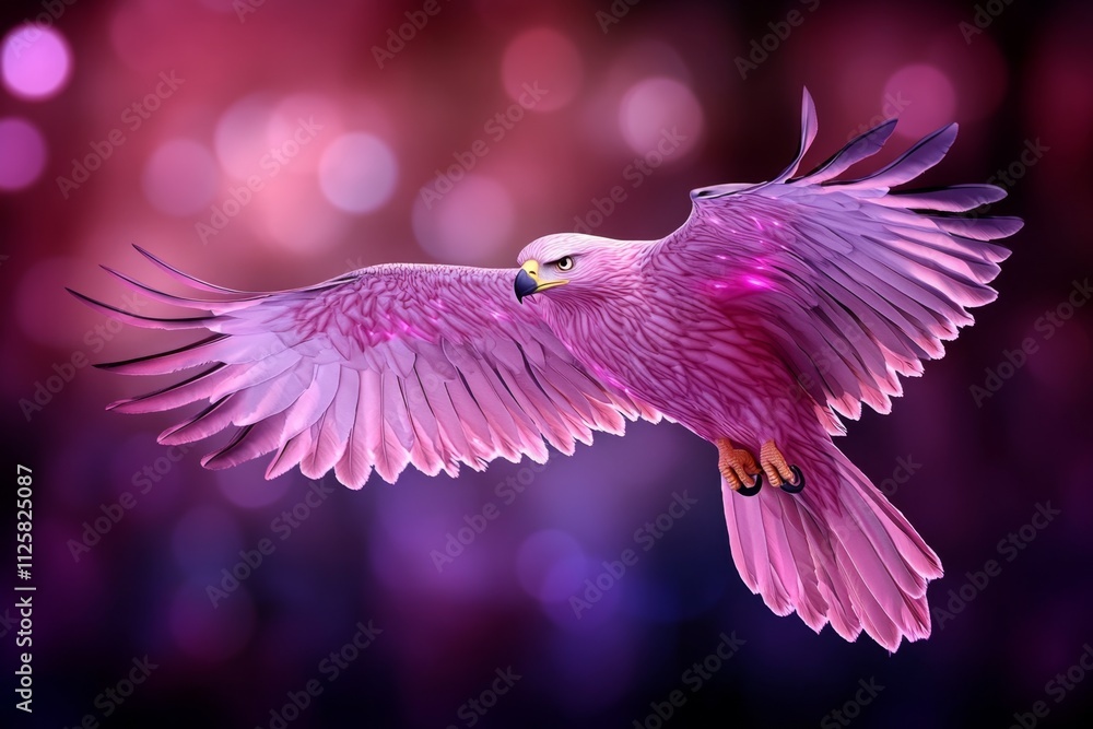 Poster a magical depiction of an eagle with glowing wings flying over an enchanted forest, surrounded by sh