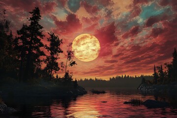 A serene landscape at sunset with a large moon reflecting on a tranquil lake.