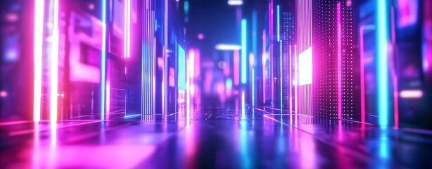 Futuristic cityscape with glowing neon lights illuminating streets, creating vibrant and dynamic atmosphere. colorful reflections enhance modern aesthetic
