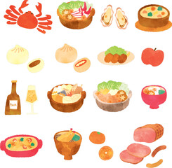 冬グルメの水彩イラストセット
