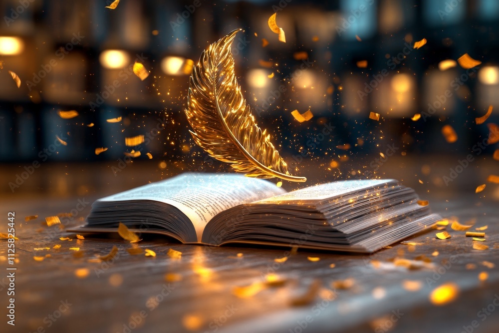 Poster A magical editor quill glowing with golden light as it corrects a floating scroll, surrounded by books that rearrange themselves in mid-air