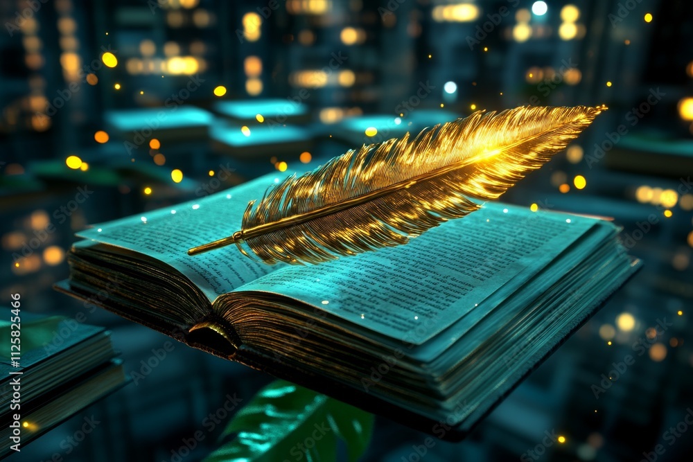 Poster A magical editor quill glowing with golden light as it corrects a floating scroll, surrounded by books that rearrange themselves in mid-air