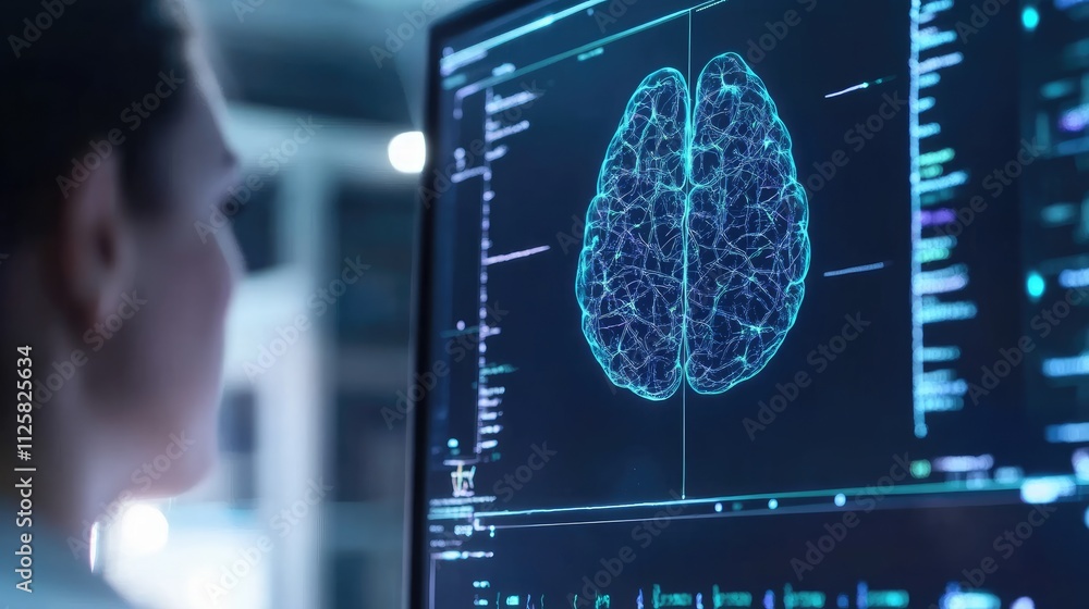 Poster user analyzing visual brain data on digital screen in laboratory