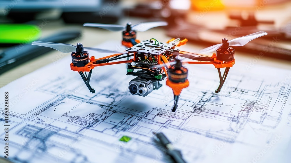 Poster drone technology in development with blueprint and tools on table