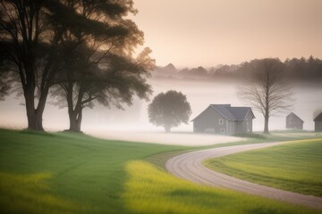 Obraz premium Serene Country Road in the Misty Dawn