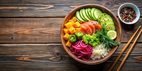 Poke bowl with fresh ingredients on a wooden background, poke bowl, fresh, healthy, food, seafood, sushi, rice, vegetables
