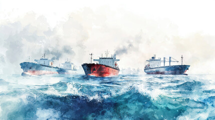 A stunning watercolor painting of cargo ships navigating through turbulent ocean waters, showcasing maritime industry and adventure.