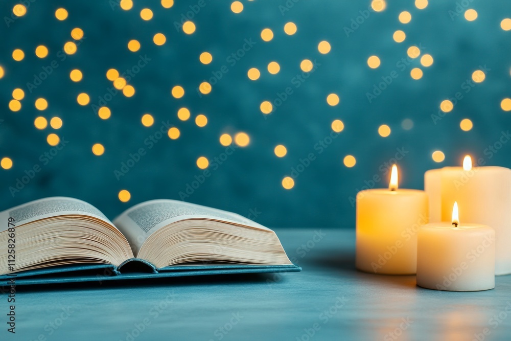 Poster a moody portrayal of an ebook reader surrounded by glowing candles, with a dark fantasy novel displa