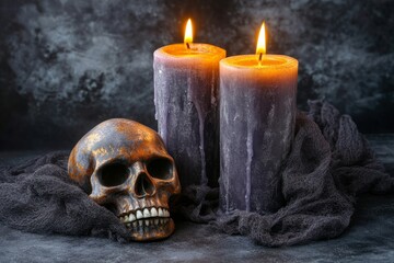 Spooky Halloween Arrangement with Dark Candles and Skull on Gloomy Background, Perfect for Autumn Decorations and Horror-Themed Events