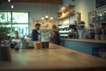 Fototapeta premium Coffee shop counter with coffee brewing equipment and customers in background.