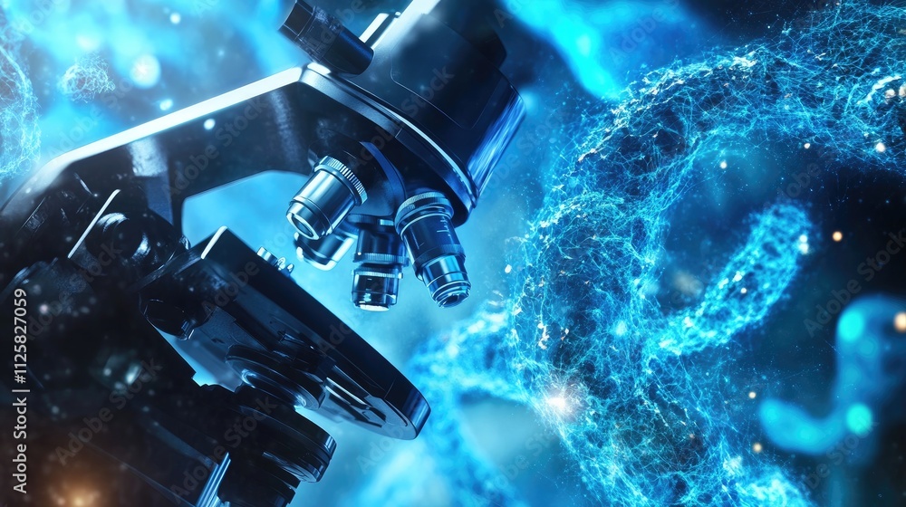 Poster close-up of microscope with blue abstract background and dna elements