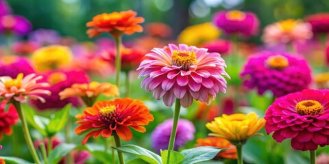Fototapeta premium Vibrant zinnia flowers blooming in a colorful garden, zinnia, flowers, garden, vibrant, colorful, blooming, petals, nature