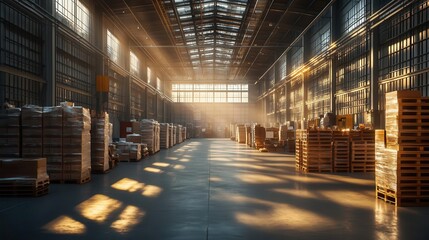 Fototapeta premium A serene warehouse where layout plans glow softly on monitors while workers organize inventory, sunlight filtering through