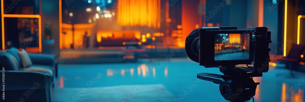 Poster capturing the essence of a live interview setup in a vibrant television studio showcasing modern med