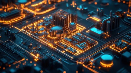 Fototapeta premium A symbolic glowing layout map visualizing optimized logistics zones, workers aligning goods beneath, dramatic cinematic tones