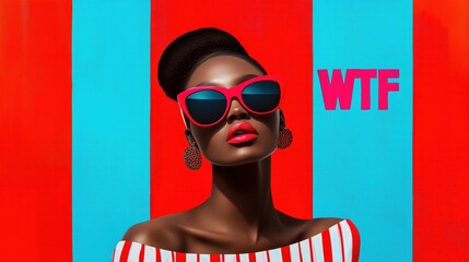 Bold Fashion Portrait of a Woman in Red Sunglasses and Striped Outfit Against a Vibrant Red and Blue Background