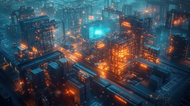 A symbolic glowing layout map visualizing optimized logistics zones, workers aligning goods beneath, dramatic cinematic tones